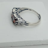 Old design Saddle Ring, 925 Sterling Silver, Garnet Color, Three-Stone Design, Hand-Set Gemstones