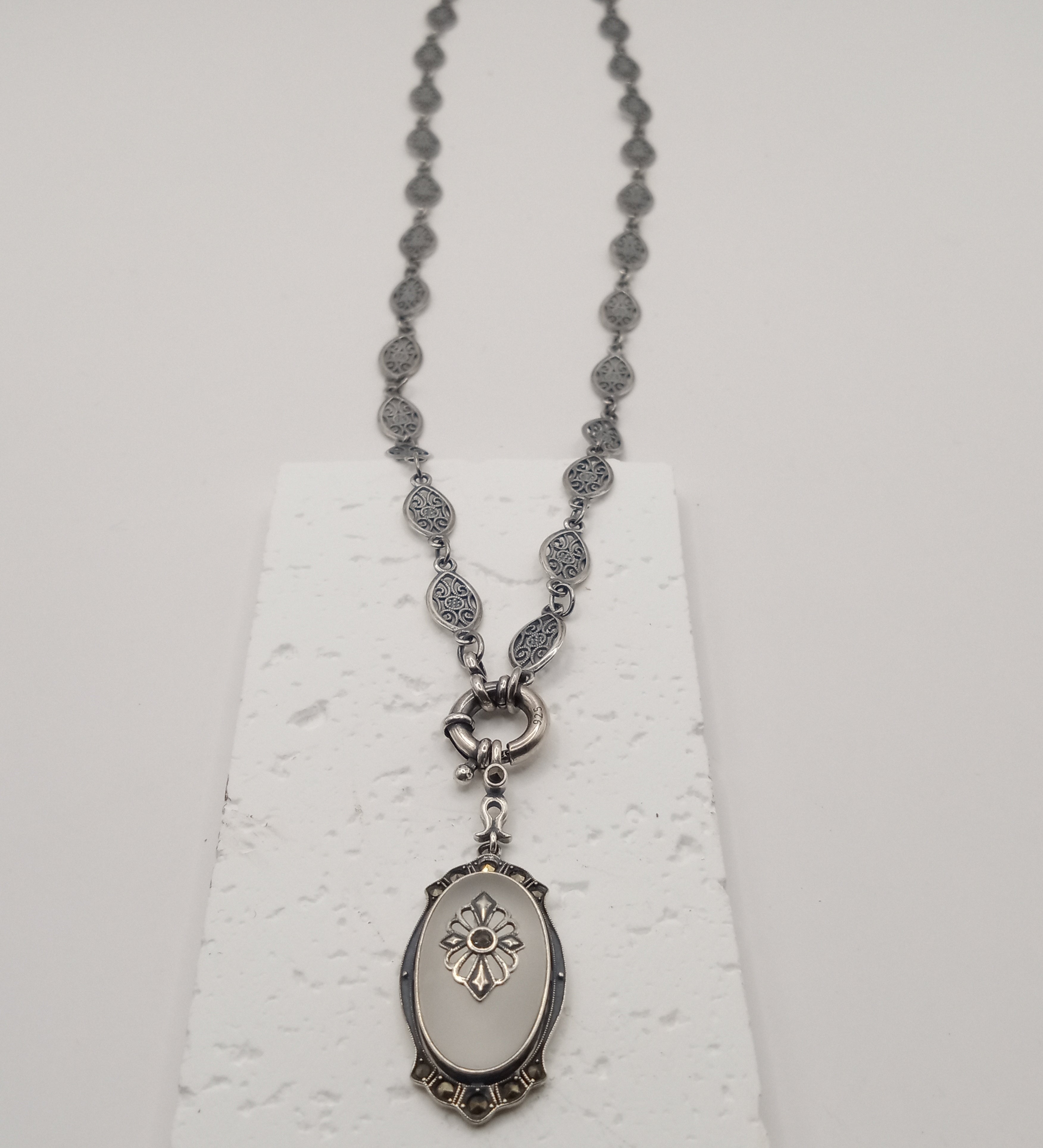 Frosted Crystal Pendant S925  Marcasite Iron Ore Silver Pendant Vintage German Oval Pendant