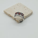 Old design Saddle Ring, 925 Sterling Silver, Garnet Color, Three-Stone Design, Hand-Set Gemstones