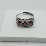 Old design Saddle Ring, 925 Sterling Silver, Garnet Color, Three-Stone Design, Hand-Set Gemstones