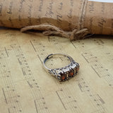 Old design Saddle Ring, 925 Sterling Silver, Garnet Color, Three-Stone Design, Hand-Set Gemstones