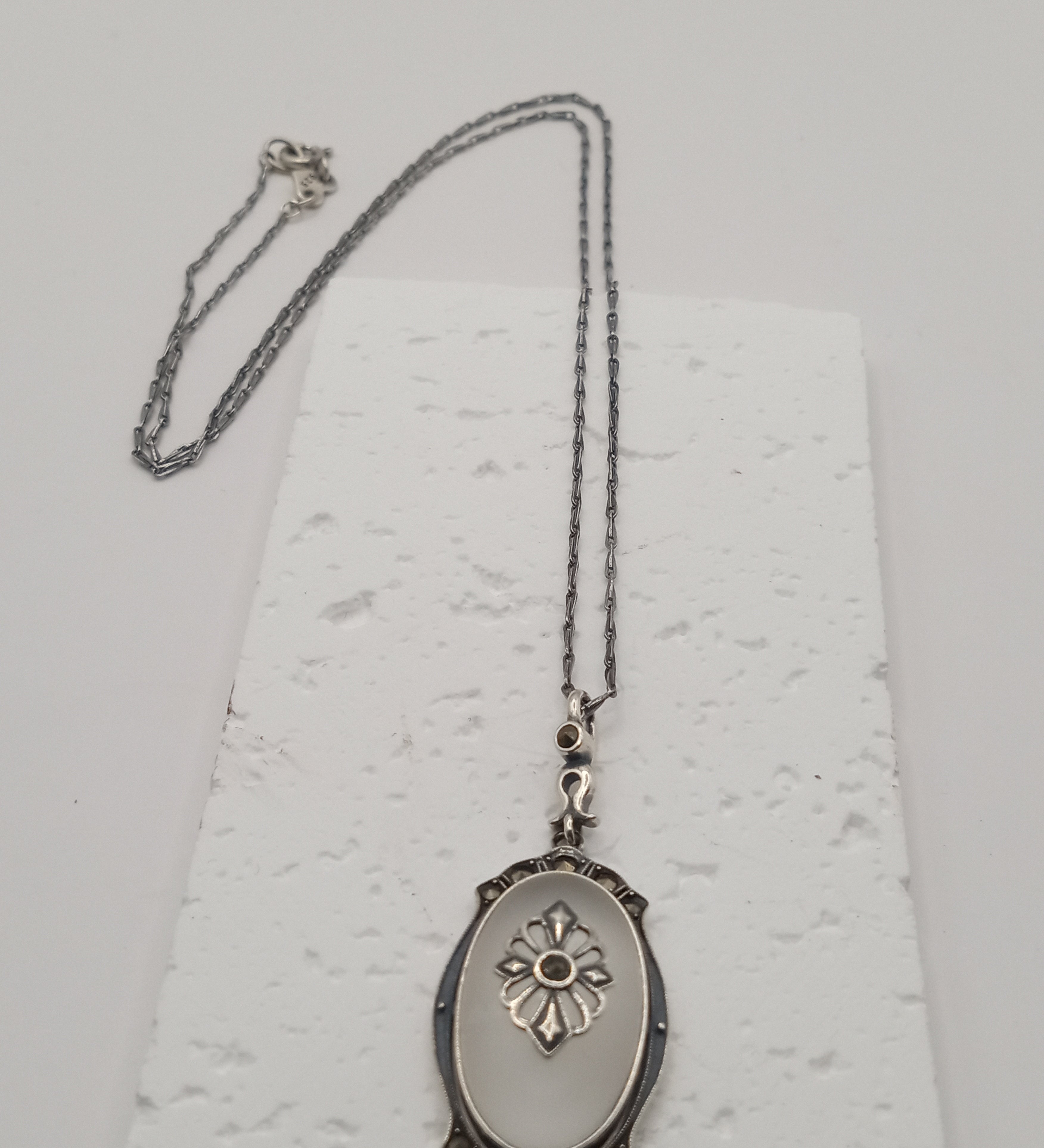 Frosted Crystal Pendant S925  Marcasite Iron Ore Silver Pendant Vintage German Oval Pendant