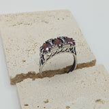 Old design Saddle Ring, 925 Sterling Silver, Garnet Color, Three-Stone Design, Hand-Set Gemstones