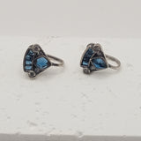 Georgian antique style irregular inlaid blue glass pearl triangles clip on earrings